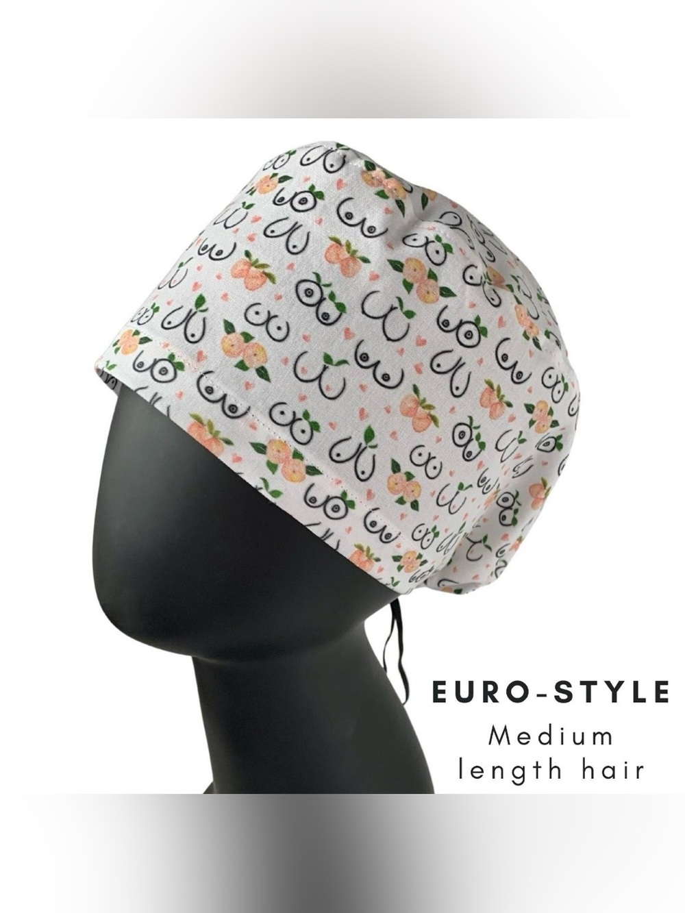 Boobs Peaches Surgical Scrub Cap - Cotton Euro Style for MEDIUM Length Hair